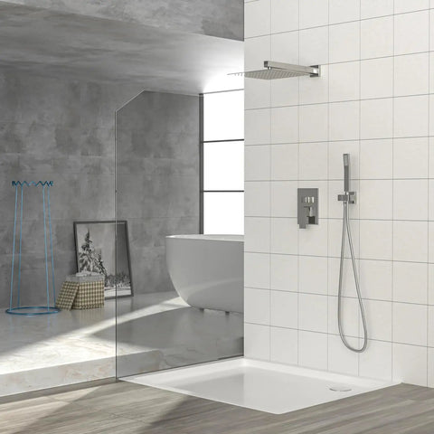 Wall Mounted Square Shower System with Adjustable Flow in brushed nickel finish mounted on tiled wall.