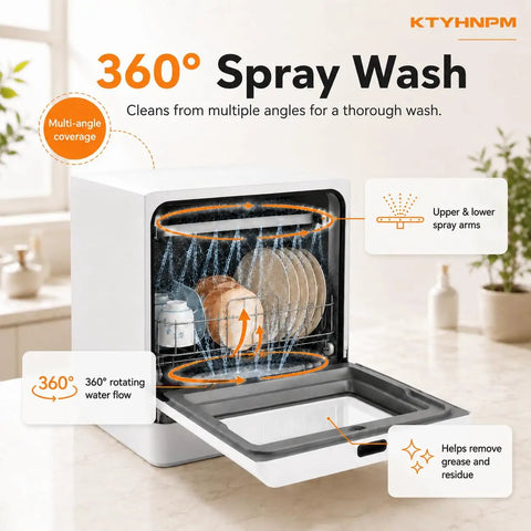 360° Spray Wash of Slick Compact Countertop Dishwasher With Easy Touch Interface, showcasing upper & lower spray arms and multi-angle coverage.