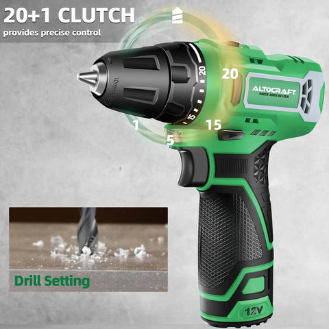 Cordless 12V Max Power Drill with 3/8 inch keyless chuck, 20+1 torque settings, shown with drill bit in action
