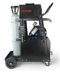 Side view of heavy duty 2 tier welder cart with anti theft lockable cabinet, 360 degree swivel wheels, tank storage and safety chains.