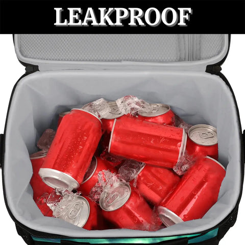 Open view of insulated picnic backpack lunch bag for women and men, showing cans and ice, large 12x9x10 inch tote