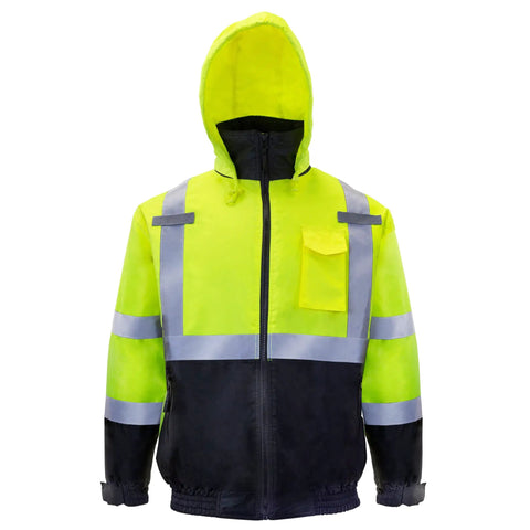 Hi Vis Reflective Bomber Jacket For Men With Two Inch Reflective Strips, ANSI Class 3 Type R Waterproof And Wind Resistant Safety Gear For Construction And Roadway Work, Day And Night Visibility On The Job