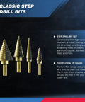 Badass High Speed Steel Step Drill Bit Set With Auto Center Punch Five Piece showing four drill bits with titanium coating.