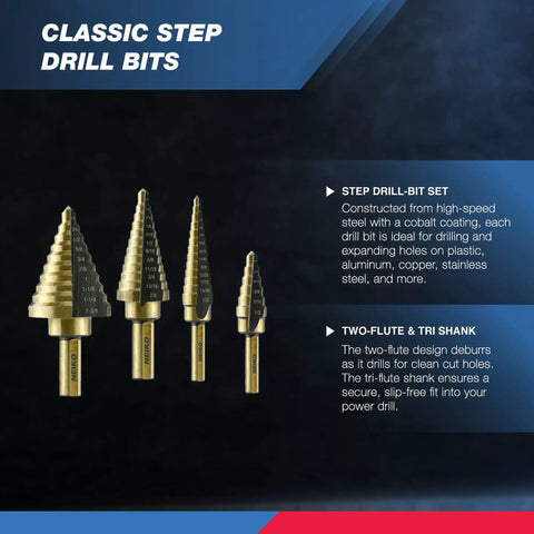 Badass High Speed Steel Step Drill Bit Set With Auto Center Punch Five Piece showing four drill bits with titanium coating.