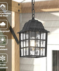 Outdoor Pendant Light For Porch And Yard Weatherproof Aluminum Exterior Hanging Lantern With Water Glass Panel Black Rust Resistant Ceiling Light For Gazebo Patio And Garden shown hanging in rain.