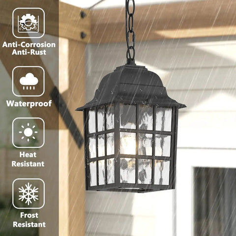 Outdoor Pendant Light For Porch And Yard Weatherproof Aluminum Exterior Hanging Lantern With Water Glass Panel Black Rust Resistant Ceiling Light For Gazebo Patio And Garden shown hanging in rain.