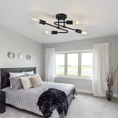 4 Light Black Semi Flush Mount Sputnik Ceiling Light Fixture Dope Matte Metal Farmhouse Chandelier in modern bedroom