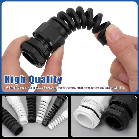 Hands holding black spiral strain relief from 22 Piece Cable Gland Kit For Electrical Installations With PG7, PG9, PG11, PG13.5, PG16, And PG21, White Nylon Waterproof Flexible Spiral Strain Relief Glands, All In One Weatherproof Wire Entry Kit.