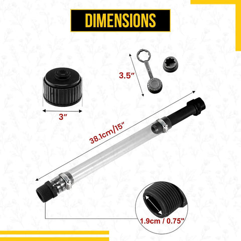 Clear 15 Inch Gas Can Spout Kit With PVC Tube, Rubber Hub, Stopper Cap And Vent Plug dimensions and components