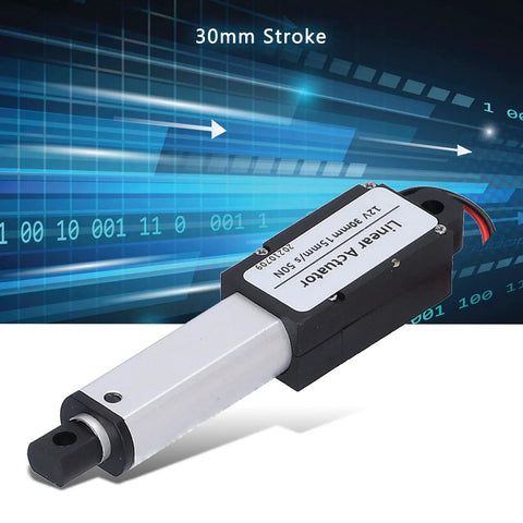 Compact 12V Mini Electric Linear Actuator With 30mm Stroke 50N Lift, featuring built-in limit switch, lightweight design
