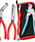 Pro Grade Car Clip Pliers And Disassembly Tools Set With Straight And 60 Degree Tips For Quick Damage Free Electrical Disconnects In Cars Multi Function Automotive Snap Pliers In Durable Storage Box displayed with red and blue handles
