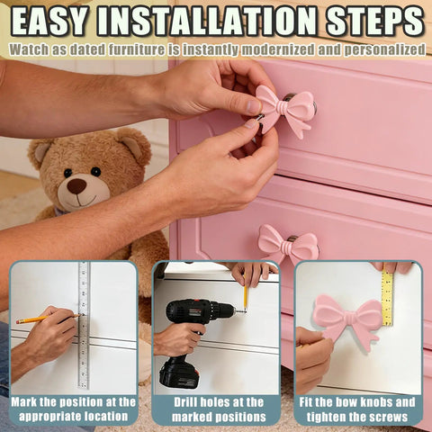 Installing Pink Bow Drawer Knobs 10 Pack Bow Tie Shaped Zinc Alloy Vintage Style Dope Furniture Pulls on pink dresser with bear