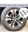 Close-up of a car wheel with Four Piece M12 X 1.5 Wheel Lock Lug Nuts Set with one key shown in inset.