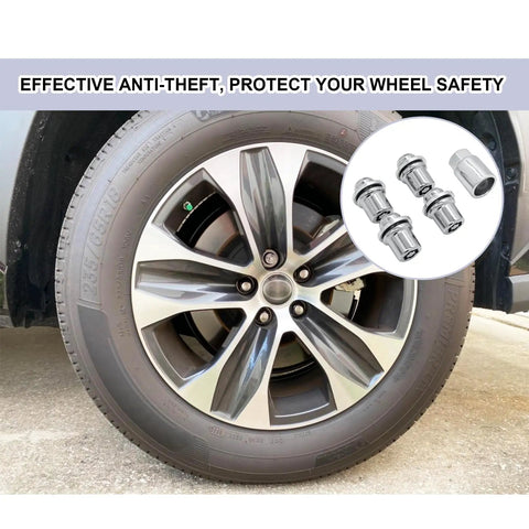 Close-up of a car wheel with Four Piece M12 X 1.5 Wheel Lock Lug Nuts Set with one key shown in inset.