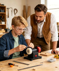 Compact Tabletop Mini Bench Grinder Featuring Dual Grinding Wheels For Precision Tool Sharpening And Rough Burr Removal Kickass Workshop Rig Easy Setup Great For Daily Home Maintenance Tasks used by a child and adult in workshop.