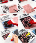 All In One Printmaking And Stamp Making Kit For Beginners With Linoleum Blocks Ink Brayer Transfer Papers Guide And 10 Printmaking Papers in use