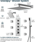 GRANDJOY 16" Dual Shower System with Handheld Spray, Brushed Nickel, showcasing dimensions and components for installation.