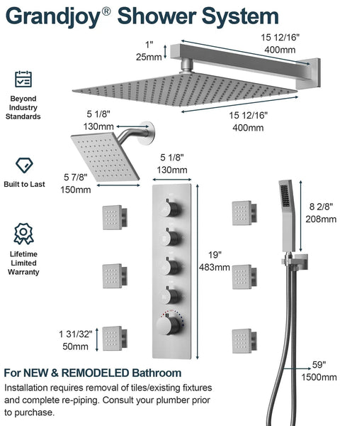 GRANDJOY 16" Dual Shower System with Handheld Spray, Brushed Nickel, showcasing dimensions and components for installation.