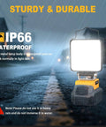 Cordless LED Work Light 11200 Lumens 112W under rain on asphalt street with IP66 waterproof rating