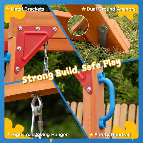 Close-up of the durable metal brackets and dual anchors on the Cedar Wooden Swing Set For Backyard With Monkey Bars, 2-In-1 Outdoor Table.