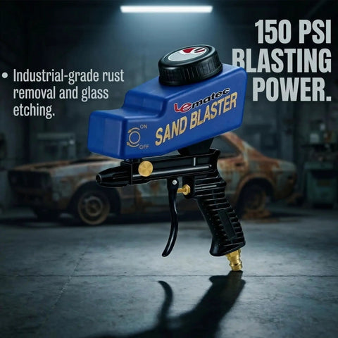 Portable Sand Blaster Gun Pro Kit For Auto, Patio And Furniture Restoration With Ceramic Nozzle in front of a vintage car
