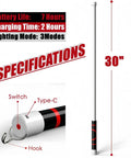 30 Inch Bendable LED Flashlight Stick With Rechargeable Battery High Lumen Mechanic Light showing specifications and features.