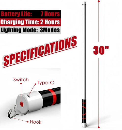 30 Inch Bendable LED Flashlight Stick With Rechargeable Battery High Lumen Mechanic Light showing specifications and features.