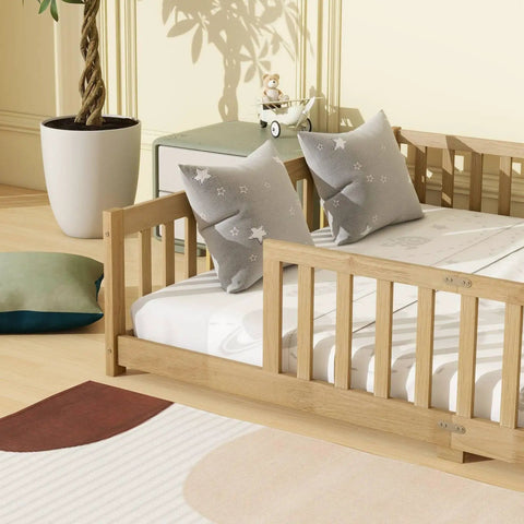 Queen Floor Bed With Safety Guardrails in Natural Rubber Wood Finish solid construction in a modern bedroom setting.