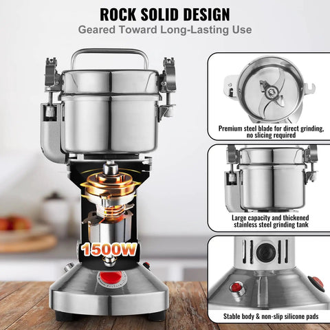 Ultra Fast 1500W Electric Grain Mill Grinder For Dry Grains Spices Coffee Corn Pepper, stainless steel design