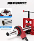 All In One Pipe Threading Kit With Seven Die Heads And Ratchet For PVC Galvanized Iron Plastic And PPR Pipes From Three Eighths Inch To Two Inches In Red Finish showing threading process and tool details.