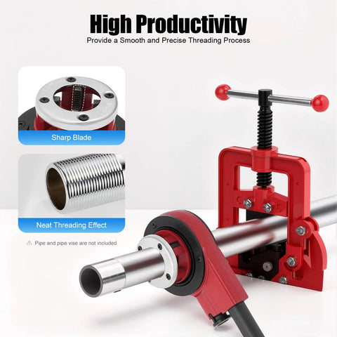 All In One Pipe Threading Kit With Seven Die Heads And Ratchet For PVC Galvanized Iron Plastic And PPR Pipes From Three Eighths Inch To Two Inches In Red Finish showing threading process and tool details.