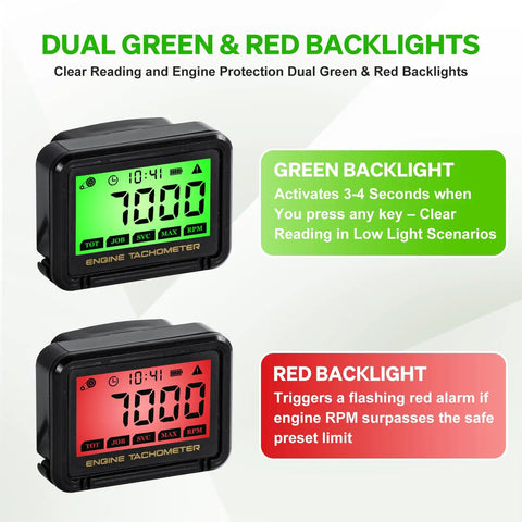 Digital Tachometer For Small Engines With LCD RPM Meter Hour Meter Waterproof Pulse Tach Replaceable Battery Boss For Lawn Mowers Dirt Bikes Boats Marine And UTVs 0 To 18,000 RPM Two Mode And Up To 36,000 RPM Three Mode Alarm Memory Auto Sleep