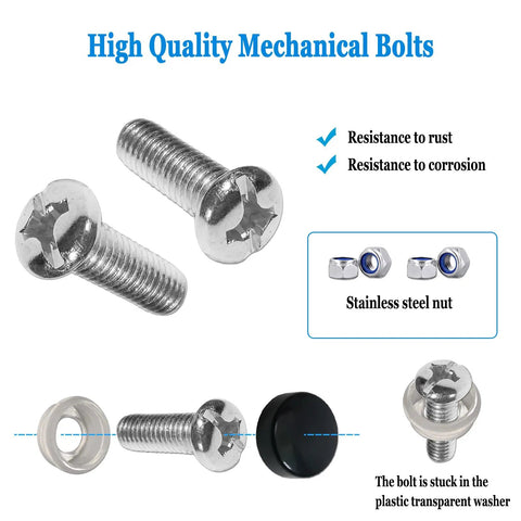 High quality mechanical bolts and stainless steel nuts set with resistance to rust and corrosion displayed on a white background.