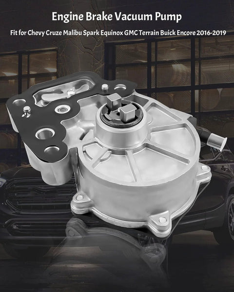 Engine brake vacuum pump, front view, silver housing with black mounting plate, fits Chevy Cruze Malibu 2016-2019