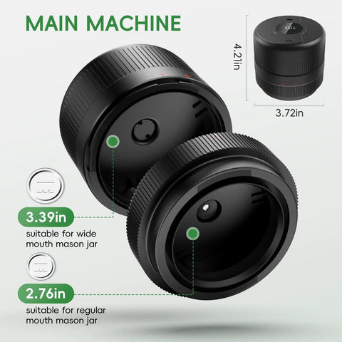 Electric Mason Jar Vacuum Sealer Kit With LED Display showing components for wide and regular mouth jar sealing.