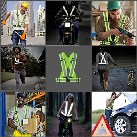 Road Ready Heavy Duty High Vis Safety Strap Vest Engineered For Day Shift Workers Demanding Peak Night Glow And Bulletproof Polymer Straps That Will Never Tear Up In Comfortable Oversized Cut worn by various users across different settings.
