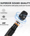 Close-up of microphone from 4 Channel Audio Mixer For Karaoke And DJ Sessions With Dual Wireless Microphones Independent Mic Control Bluetooth MP3 USB Interface 48V Phantom Power For PC Studio Recording And Party Boss Sound Board displaying superior sound quality and UHF technology.