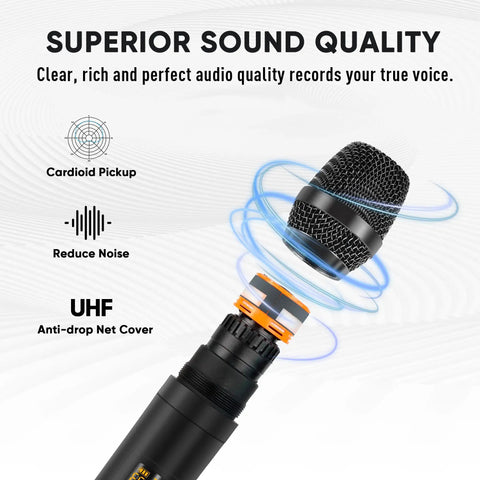 Close-up of microphone from 4 Channel Audio Mixer For Karaoke And DJ Sessions With Dual Wireless Microphones Independent Mic Control Bluetooth MP3 USB Interface 48V Phantom Power For PC Studio Recording And Party Boss Sound Board displaying superior sound quality and UHF technology.