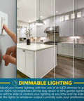 Split image of kitchen showing dimmable lighting effect with Slim 4 Inch Square LED Recessed Ceiling Lights With Junction Box, Five Color Temperatures 2700K To 5000K, 10W, 750 Lumens, Dimmable, Wet Rated And IC Rated, Pack Of 6