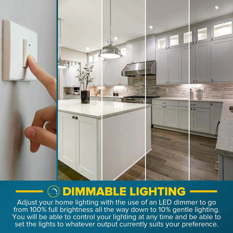 Split image of kitchen showing dimmable lighting effect with Slim 4 Inch Square LED Recessed Ceiling Lights With Junction Box, Five Color Temperatures 2700K To 5000K, 10W, 750 Lumens, Dimmable, Wet Rated And IC Rated, Pack Of 6