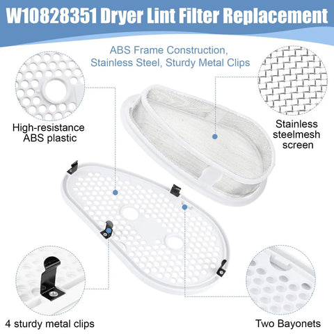 Lint Filter Screen Replacement W10828351 with plastic frame, stainless steel mesh, and metal clips for dryer models 8531964, 8531967