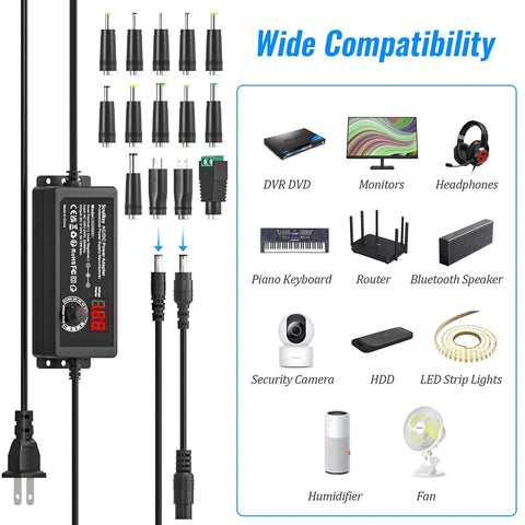 Universal AC DC Power Supply Adapter 72W Adjustable 3V To 24V Output With Voltage Display and 14 Tips for Electronics
