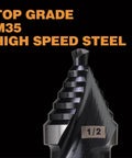 Jerax tools step drill bit, M35 HSS, 1/2 inch, double spiral flutes