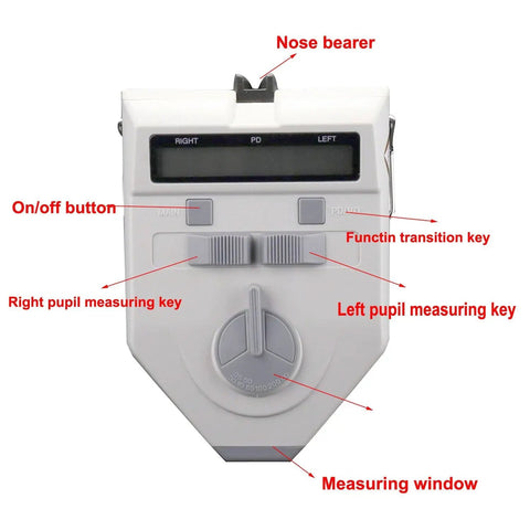 Front view of Digital Pupilometer PD Meter with labeled buttons, measuring keys, and LCD display for accurate pupillary distance measurement.