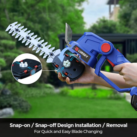 Cordless Hedge Trimmer With 21V Battery, 2-In-1 Grass Shears, snap-on blade design illustration, lightweight handling