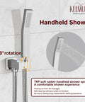 Chrome Ceiling Mount 16 Inch Rainfall Shower Head With Handheld Spray attached to wall showing water flow