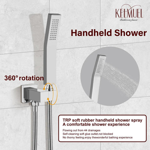 Chrome Ceiling Mount 16 Inch Rainfall Shower Head With Handheld Spray attached to wall showing water flow