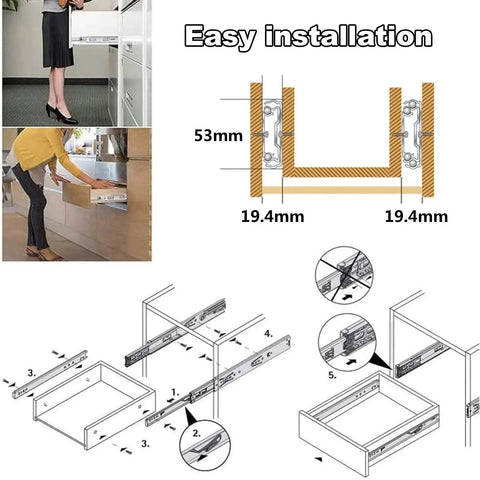 Installation guide for Beefy Soft Close Drawer Slides Pair, 30 Inch Heavy Duty Rails, showing dimensions and mounting steps.
