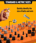 Thread checker with all-metal board for bolt and nut sizing; standard and metric gauge, front view