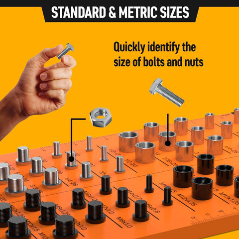 Thread checker with all-metal board for bolt and nut sizing; standard and metric gauge, front view